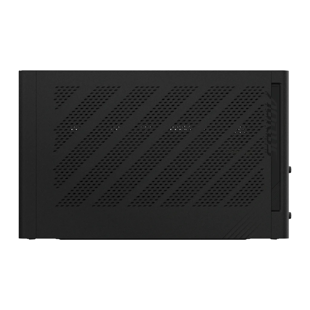 Gigabyte AORUS GeForce RTX 5090 AI BOX 32Go GDDR7 Noir, vue latérale: grille de ventilation diagonale perforée