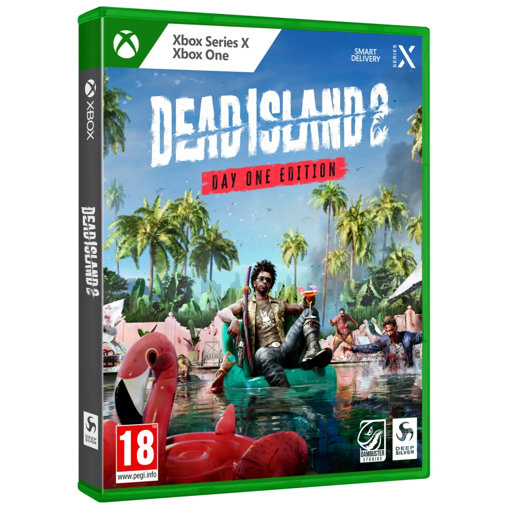 Jogo Deep Silver Dead Island 2 Day One Edition para Xbox / Series X, detalhe: capa frontal com personagem em boia flamingo