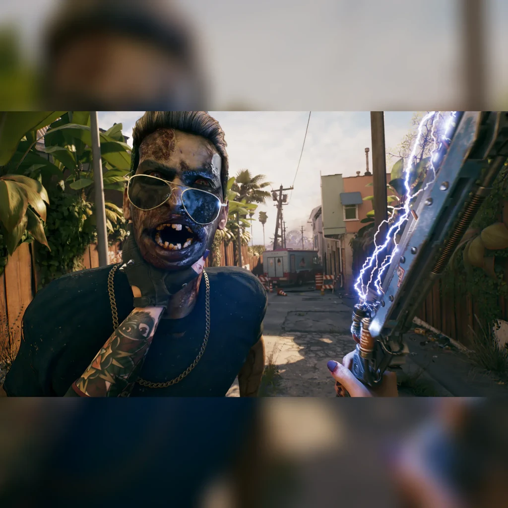 Jogo Deep Silver Dead Island 2 Day One Edition para Xbox / Series X, em uso: zombie com óculos enfrenta jogador com arma