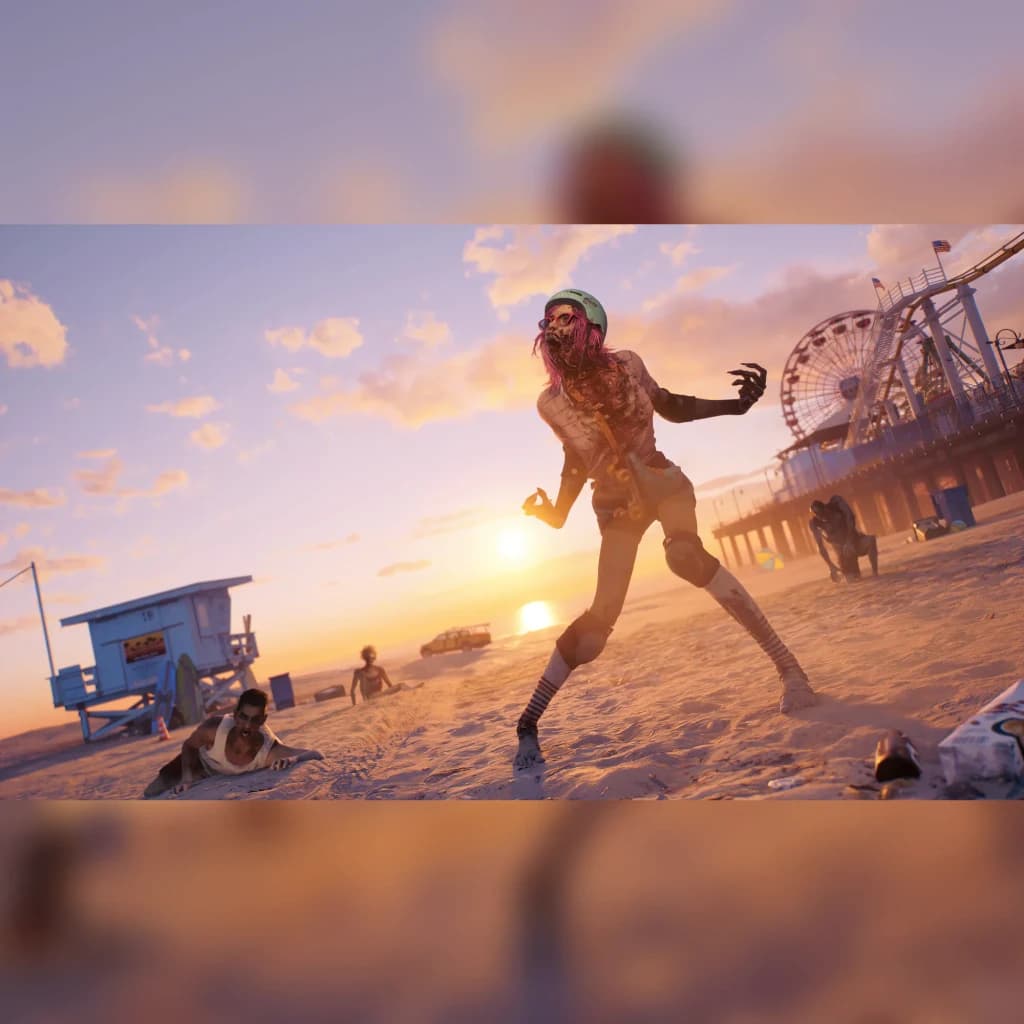 Jogo Deep Silver Dead Island 2 Day One Edition para Xbox / Series X, em uso: zombie na praia ao pôr do sol com roda-gigante