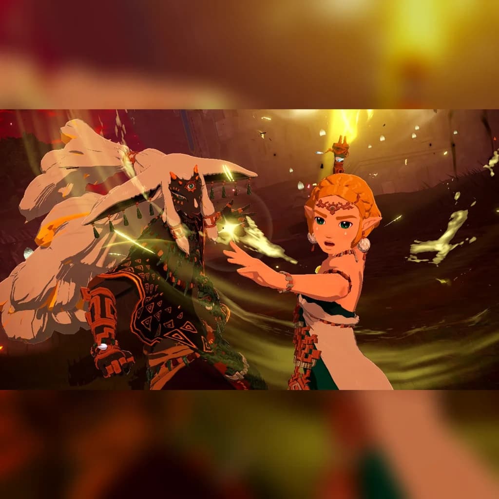 Jeu vidéo Nintendo « Hyrule Warriors : Age of Imprisonment » pour Switch 2, en jeu: Zelda affronte Ganondorf dans une scène