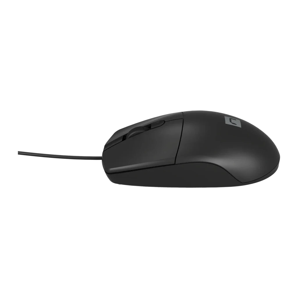 Souris Natec Ruff 2 Noir, vue latérale: profil droit avec molette, logo Natec et câble USB visibles