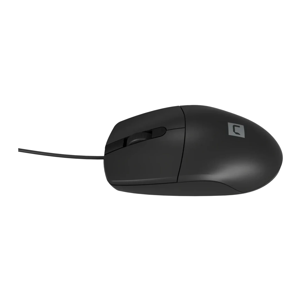 Souris Natec Ruff 2 Noir, vue latérale: profil gauche avec molette, câble et logo Natec visible à droite