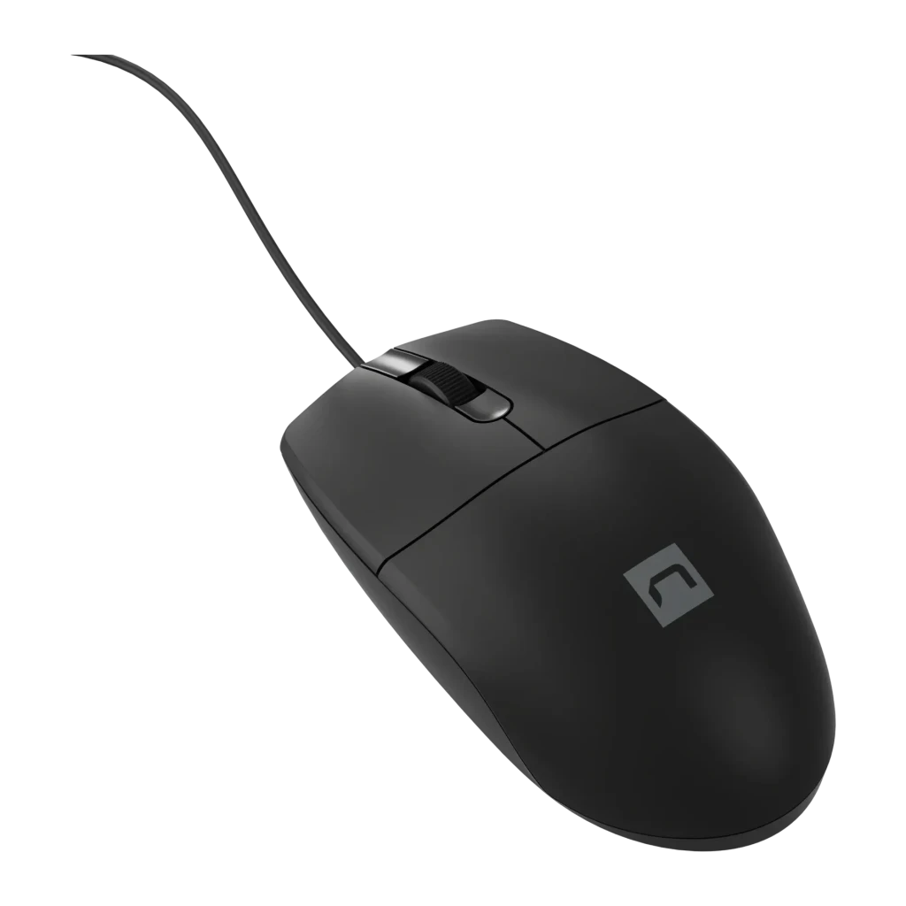 Souris Natec Ruff 2 Noir, vue latérale en angle: logo Natec sur corps mat, molette et câble visibles