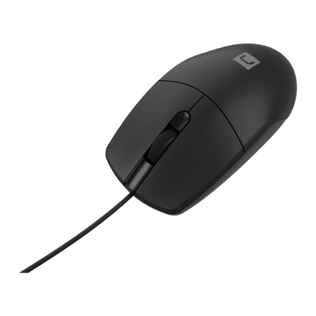 Souris Natec Ruff 2 Noir, vue latérale en angle: molette, câble et logo Natec visibles sur le dessus