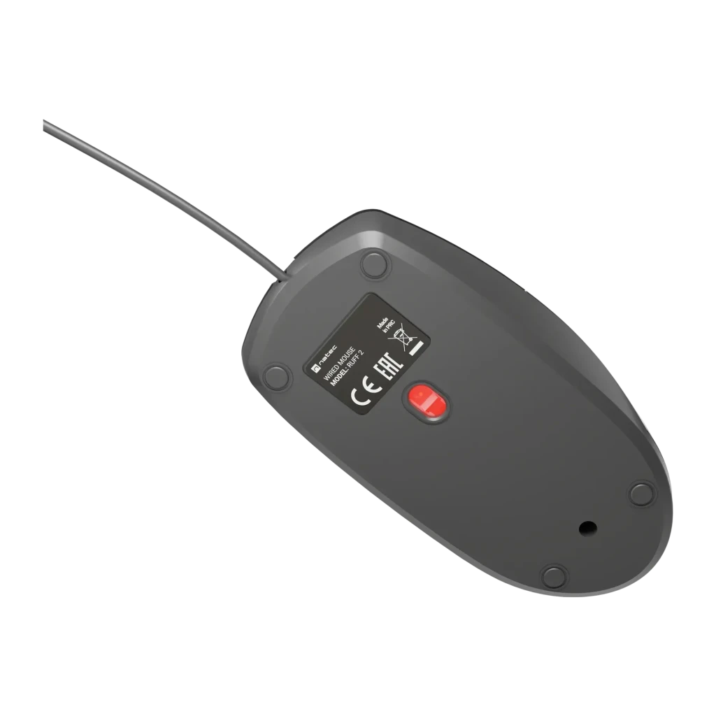 Souris Natec Ruff 2 Noir, vue du dessous: capteur optique rouge, étiquette du modèle et patins de glisse