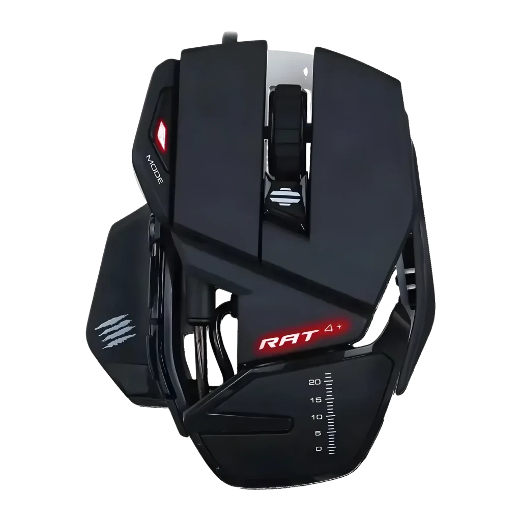 Rato Gaming Mad Catz R.A.T. 4+ 7200 DPI LED Preto, vista frontal: corpo angular mate, logótipo RAT 4+ vermelho iluminado