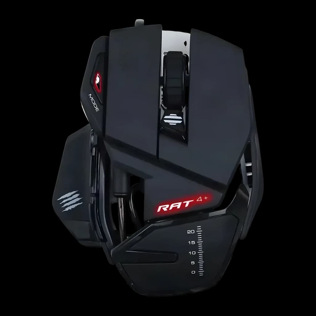 Rato Gaming Mad Catz R.A.T. 4+ 7200 DPI LED Preto, vista frontal: corpo angular mate, logótipo RAT 4+ vermelho iluminado