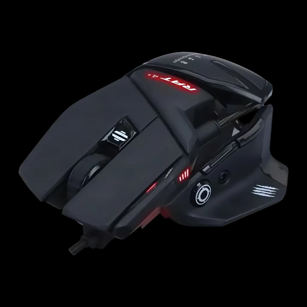 Rato Gaming Mad Catz R.A.T. 4+ 7200 DPI LED Preto, detalhe: vista superior lateral com LED vermelho aceso e logótipo