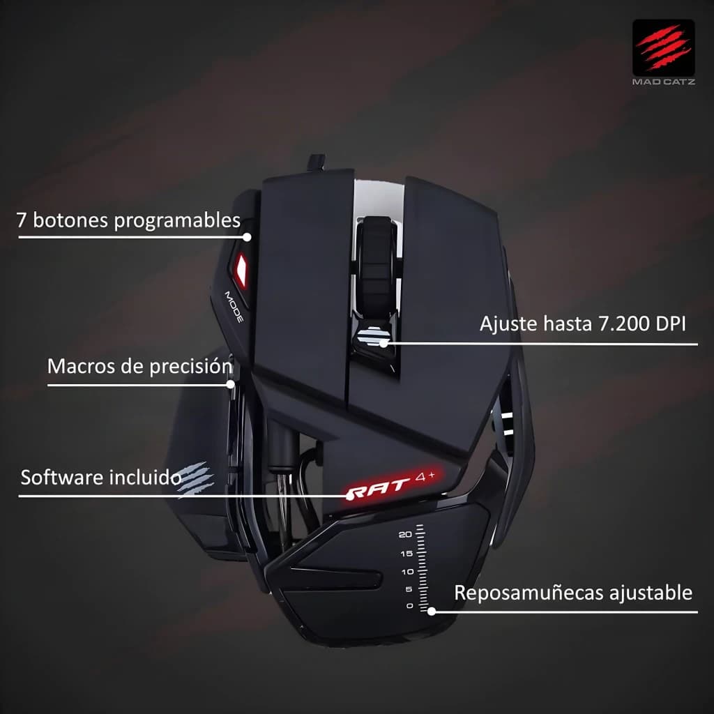 Rato Gaming Mad Catz R.A.T. 4+ 7200 DPI LED Preto, infografia: 7 botões, macros, apoio de pulso ajustável e logo RAT 4+