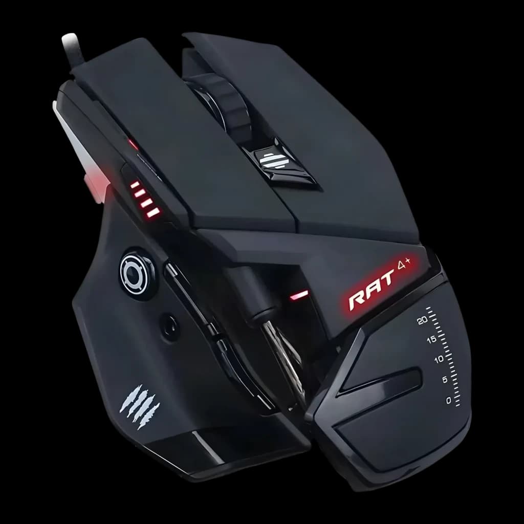 Rato Gaming Mad Catz R.A.T. 4+ 7200 DPI LED Preto, detalhe: vista superior em ângulo com LEDs vermelhos, logo RAT 4+