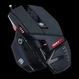 Rato Gaming Mad Catz R.A.T. 4+ 7200 DPI LED Preto, detalhe: vista superior em ângulo com LEDs vermelhos, logo RAT 4+