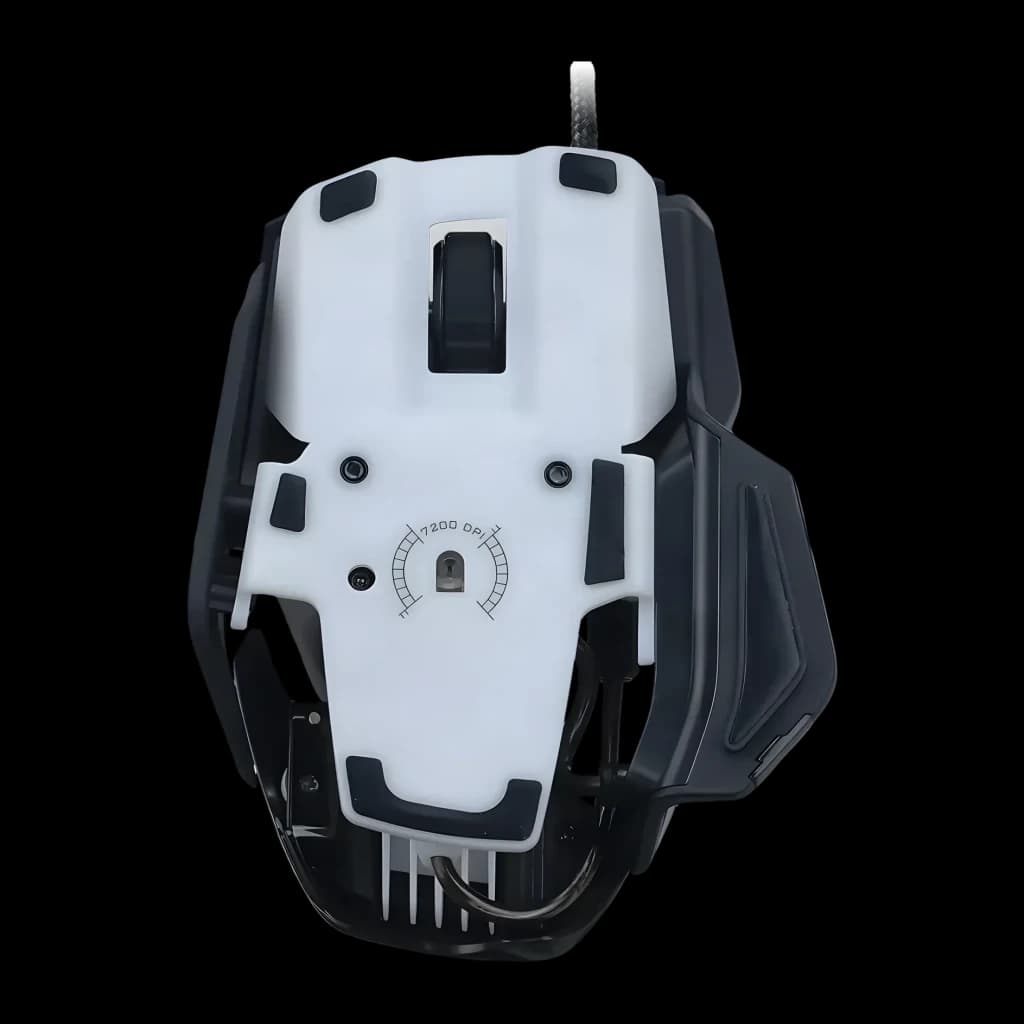 Rato Gaming Mad Catz R.A.T. 4+ 7200 DPI LED Preto, vista traseira: sensor óptico, dial 7200 DPI e estrutura branca e preta