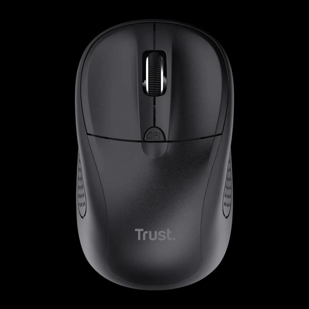 Rato Trust Primo Bluetooth Preto Ambidestro, vista superior: roda central, botão DPI e textura lateral simétrica