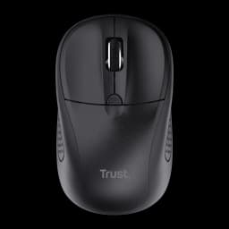Rato Trust Primo Bluetooth Preto Ambidestro, vista superior: roda central, botão DPI e textura lateral simétrica
