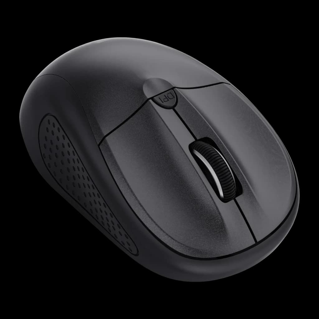 Rato Trust Primo Bluetooth Preto Ambidestro, vista superior em ângulo: roda de scroll, botão DPI e textura lateral ponteada