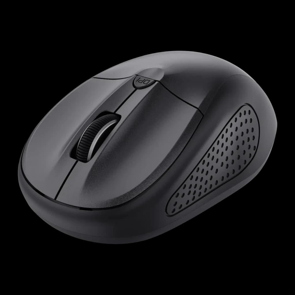 Rato Trust Primo Bluetooth Preto Ambidestro, vista lateral direita: roda de scroll, botão DPI e painel lateral perfurado