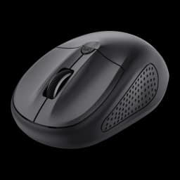 Rato Trust Primo Bluetooth Preto Ambidestro, vista lateral direita: roda de scroll, botão DPI e painel lateral perfurado