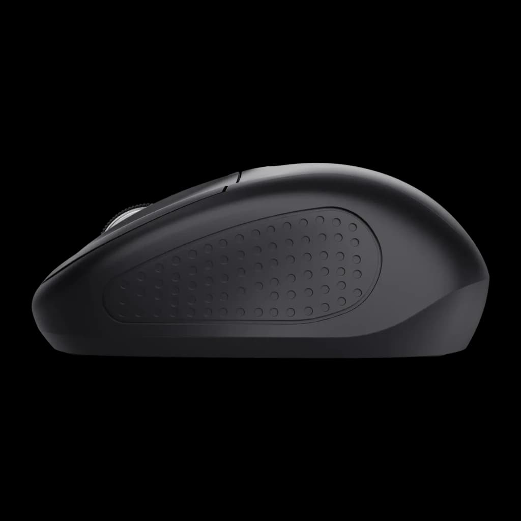 Rato Trust Primo Bluetooth Preto Ambidestro, vista lateral: zona de aderência com textura de pontos e roda de scroll