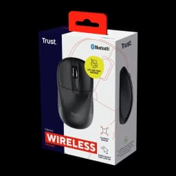 Rato Trust Primo Bluetooth Preto Ambidestro, caixa: embalagem frontal em ângulo com rato preto e texto Wireless