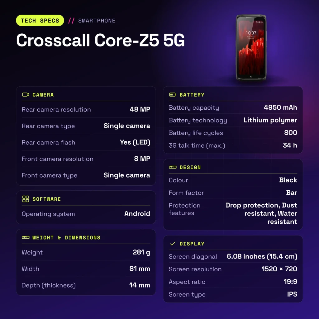 Crosscall Core-Z5 5G 6GB/128GB Preto 6,08 polegadas IPS 48MP IP68 - características