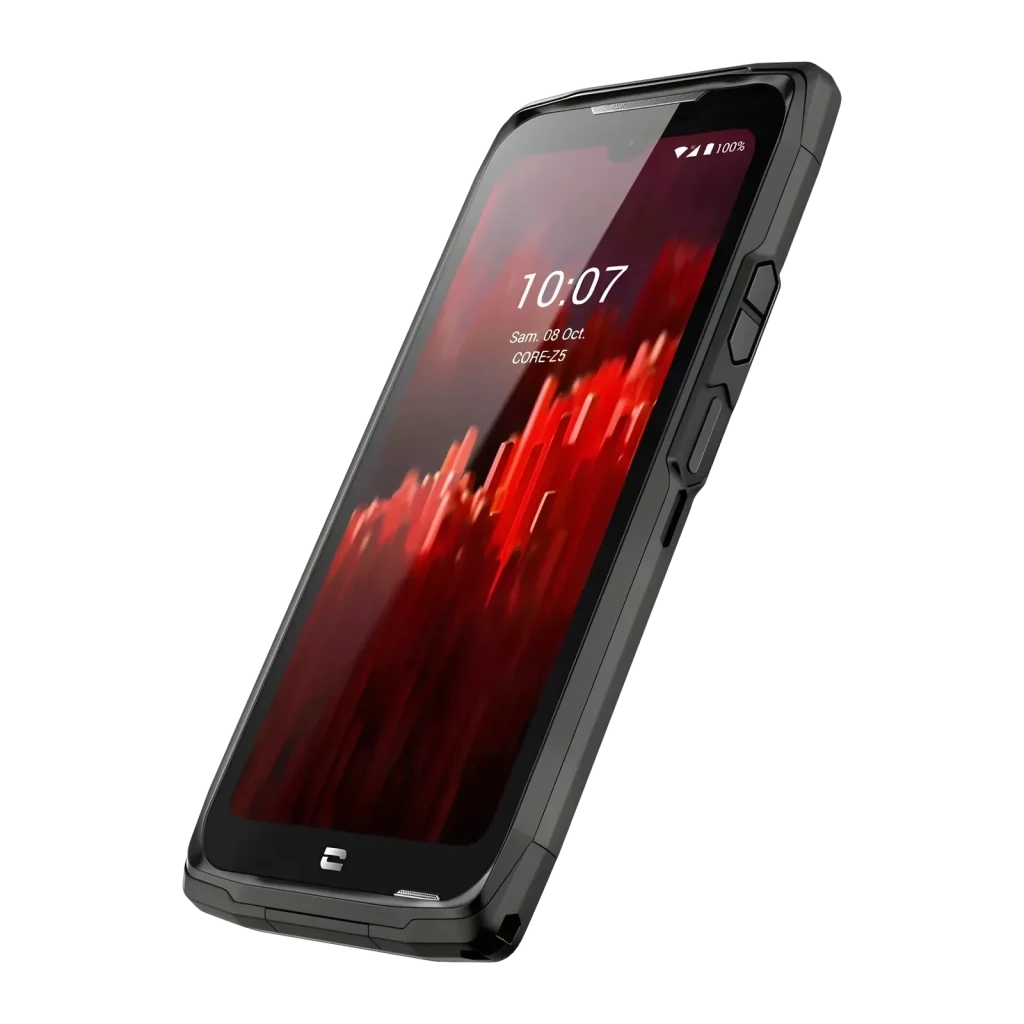 Crosscall Core-Z5 5G 6GB/128GB Preto 6,08 polegadas IPS 48MP IP68, detalhe: vista frontal em ângulo com ecrã ligado e botões