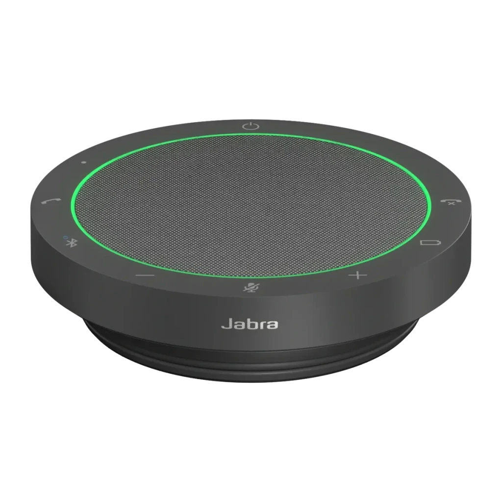 Altavoz de conferencia Jabra Speak2 55 UC IP64 12h Bluetooth 5.1 USB-C, vista frontal: diseño circular negro con anillo LED