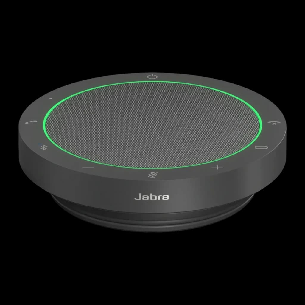 Conférencier Jabra Speak2 55 UC IP64 12h Bluetooth 5.1 USB-C, vue de face: corps circulaire noir avec anneau LED vert
