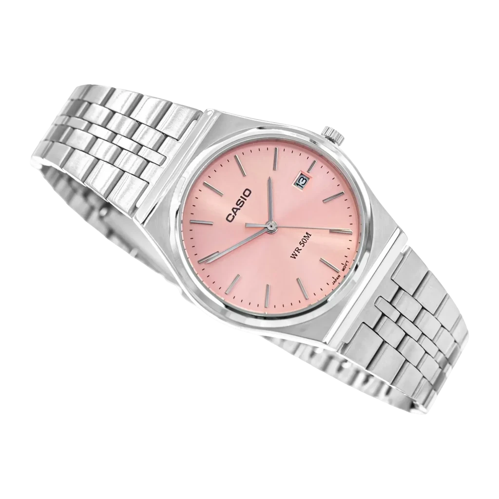 Casio MTP-B145D-4AVEF Aço Inoxidável Bateria 3 Anos 5ATM, detalhe: mostrador rosa salmão com data, índices prateados