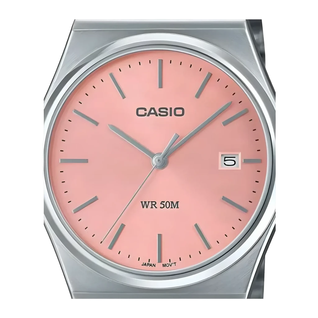 Casio MTP-B145D-4AVEF Aço Inoxidável Bateria 3 Anos 5ATM, detalhe: mostrador salmão com índices prateados, data e WR 50M