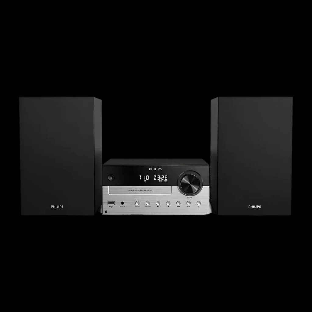 Microssistema Philips TAM4205M2 80W Bluetooth 5.4, vista frontal: unidade central prateada com display LED, leitor CD e dois