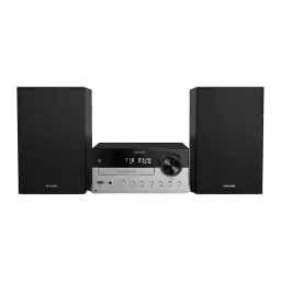 Microssistema Philips TAM4205M2 80W Bluetooth 5.4, vista frontal: unidade central prateada com display LED, leitor CD e dois