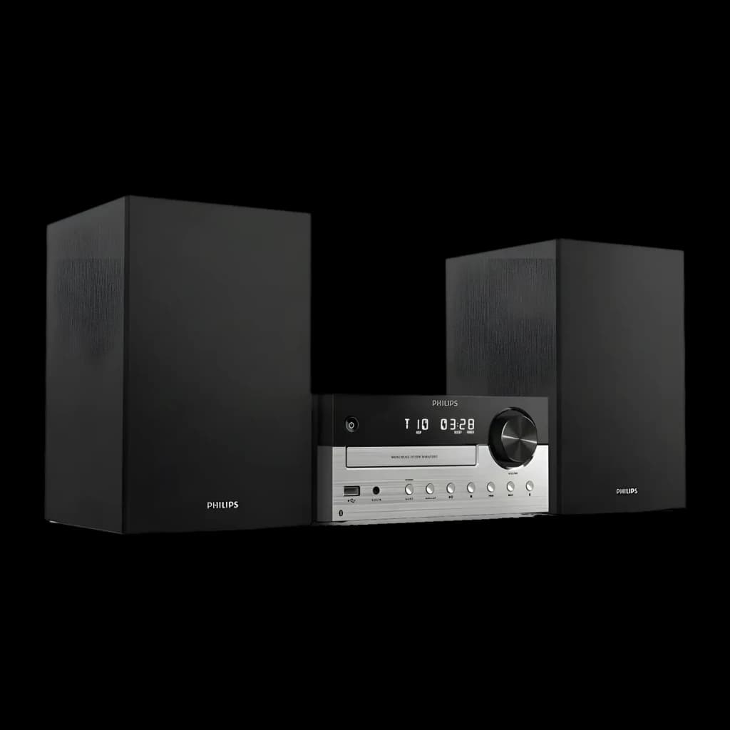 Microssistema Philips TAM4205M2 80W Bluetooth 5.4, vista em ângulo: unidade central prateada com display e dois altifalantes