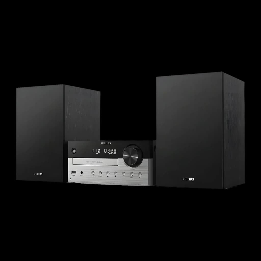 Microssistema Philips TAM4205M2 80W Bluetooth 5.4, vista frontal em ângulo: unidade central prateada com display e colunas