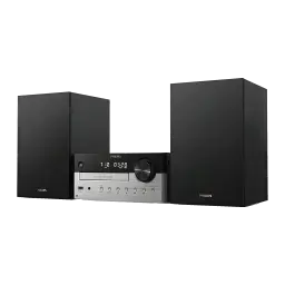 Microssistema Philips TAM4205M2 80W Bluetooth 5.4, vista frontal em ângulo: unidade central prateada com display e colunas