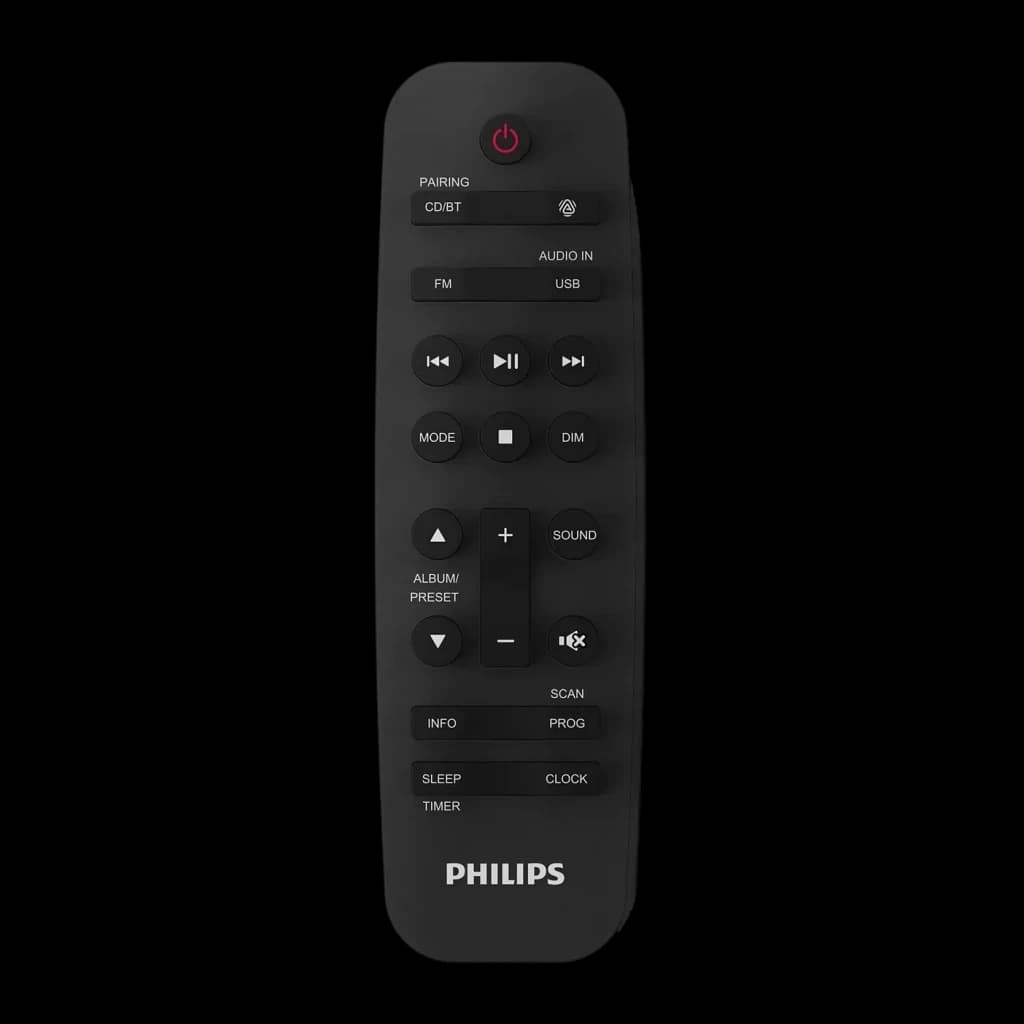 Microssistema Philips TAM4205M2 80W Bluetooth 5.4, controlo remoto: vista frontal com botões CD/BT, FM, USB, reprodução