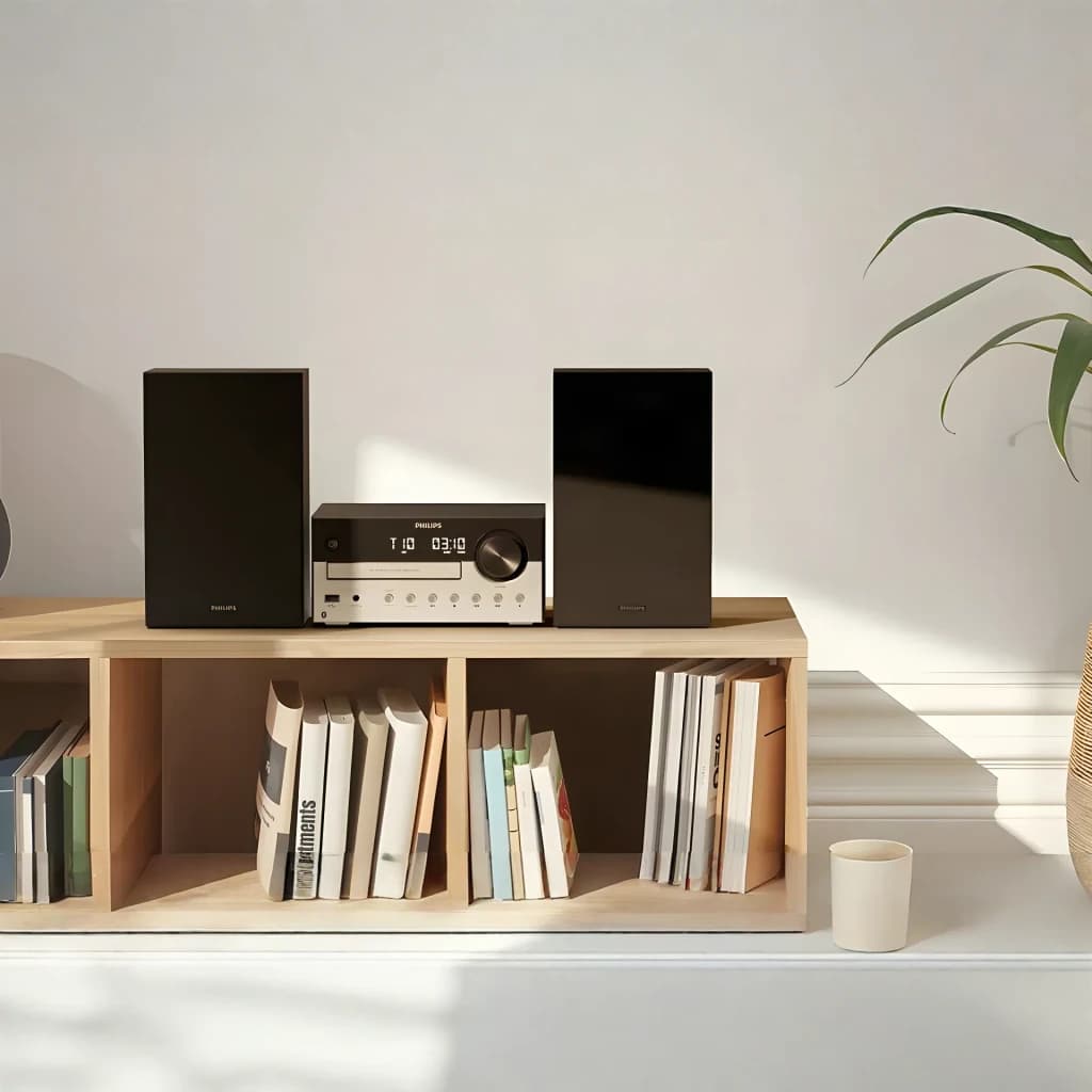 Microssistema Philips TAM4205M2 80W Bluetooth 5.4, em uso: unidade central e colunas pretas sobre estante de madeira