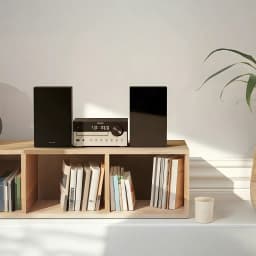 Microssistema Philips TAM4205M2 80W Bluetooth 5.4, em uso: unidade central e colunas pretas sobre estante de madeira