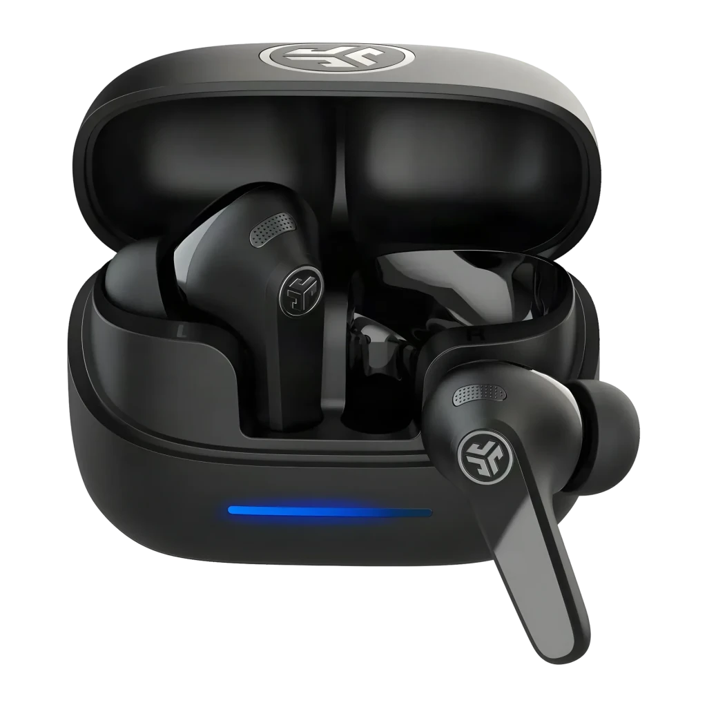 Auriculares JLab Audio JBuds Pods ANC Cancelación de Ruido TWS negros, vista frontal: estuche abierto con LED azul