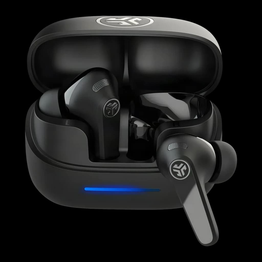 Auriculares JLab Audio JBuds Pods ANC Cancelación de Ruido TWS negros, vista frontal: estuche abierto con LED azul