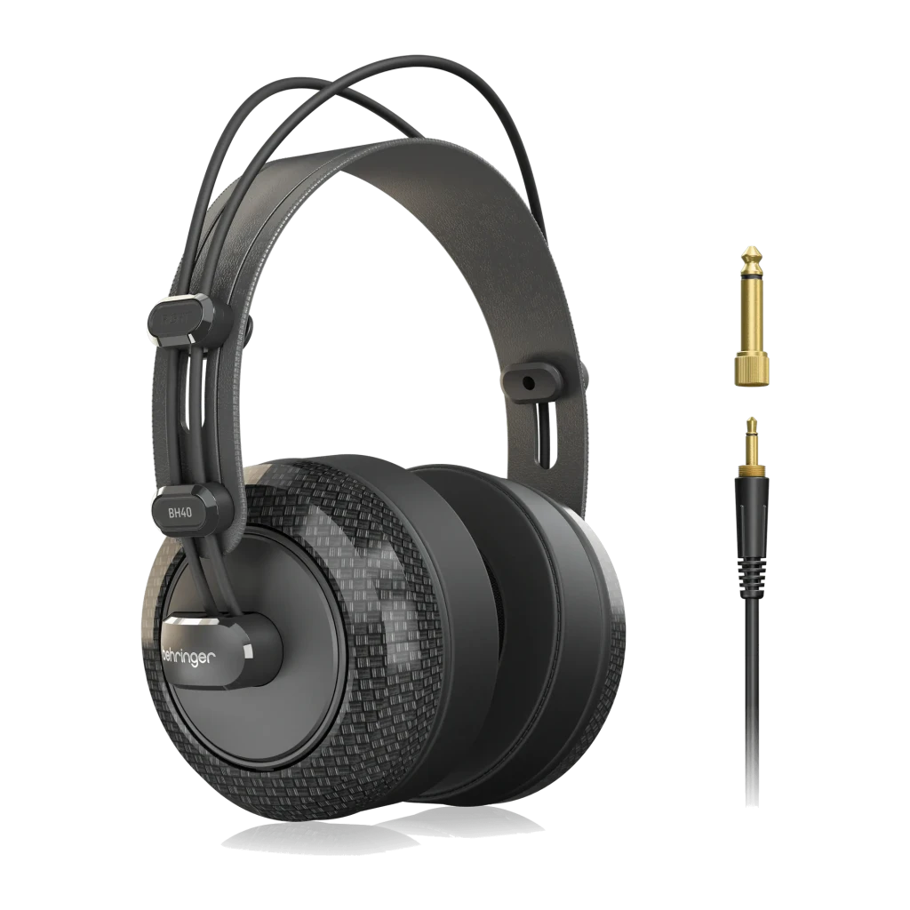 Casque Behringer BH40 Arceau Filaire Driver 40mm, détail: coussin texturé et adaptateur jack doré 6,35mm