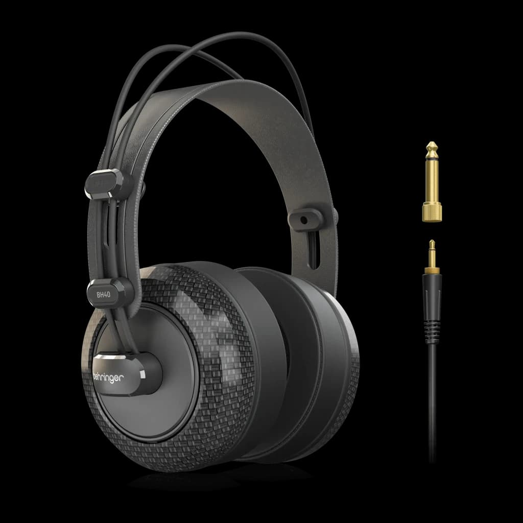 Casque Behringer BH40 Arceau Filaire Driver 40mm, détail: coussin texturé et adaptateur jack doré 6,35mm