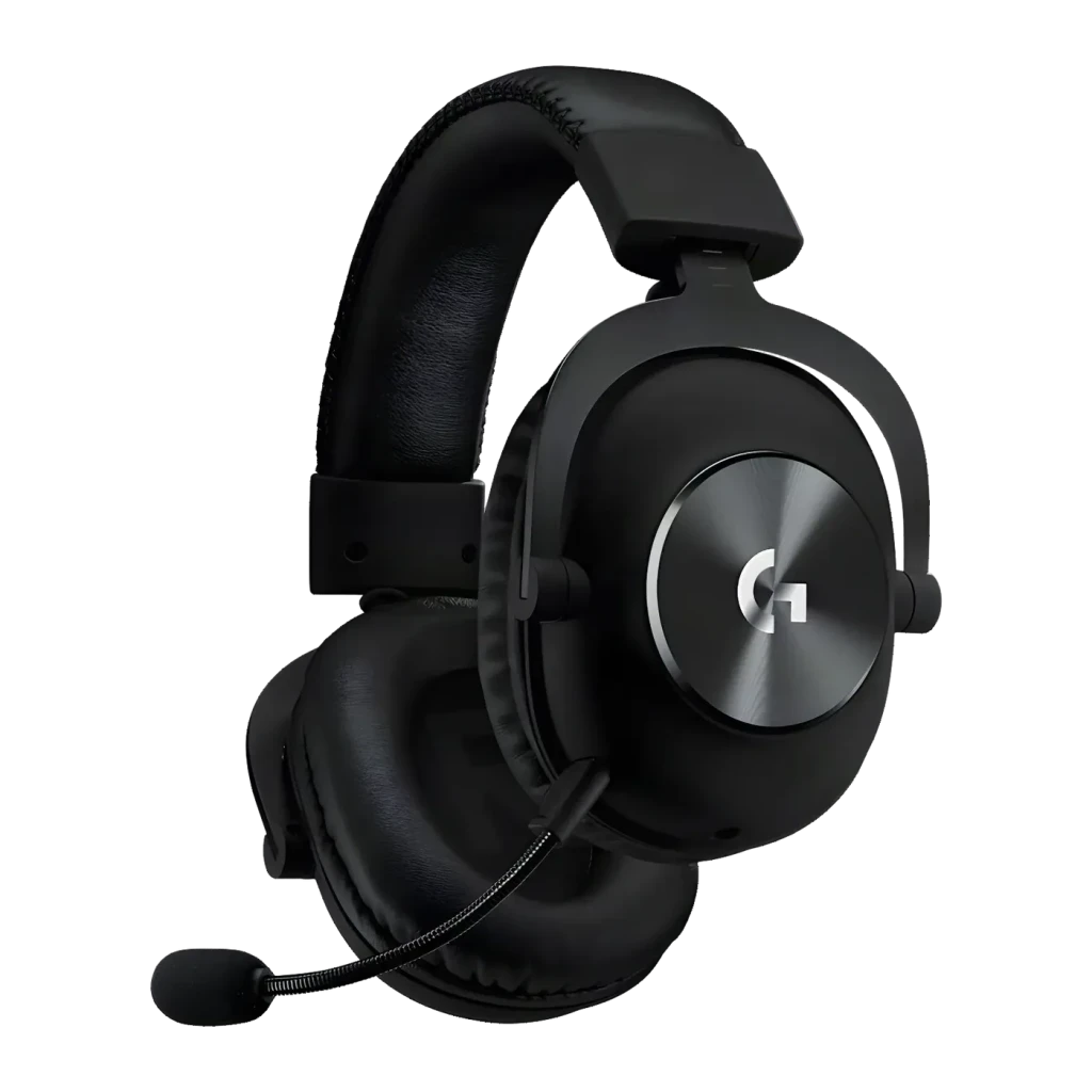 Auriculares Gaming Logitech G Pro X SE Micrófono Boom Cardioide, vista lateral: logo G metálico en auricular, boom mic