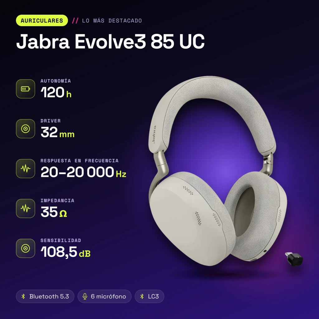 Auriculares Jabra Evolve3 85 UC Diadema Bluetooth 5.3 120h Multipunto - características