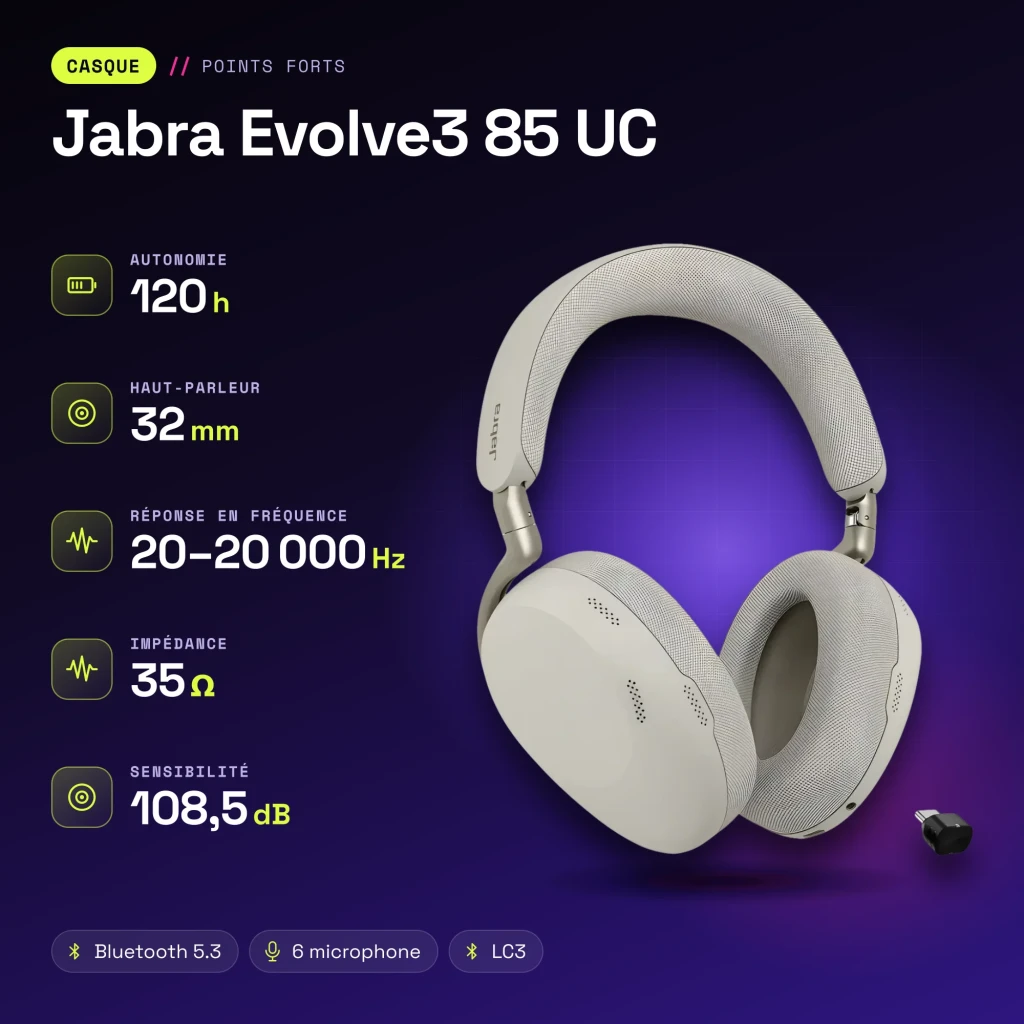 Auriculares Jabra Evolve3 85 UC Diadema Bluetooth 5.3 120h Multipunto - características