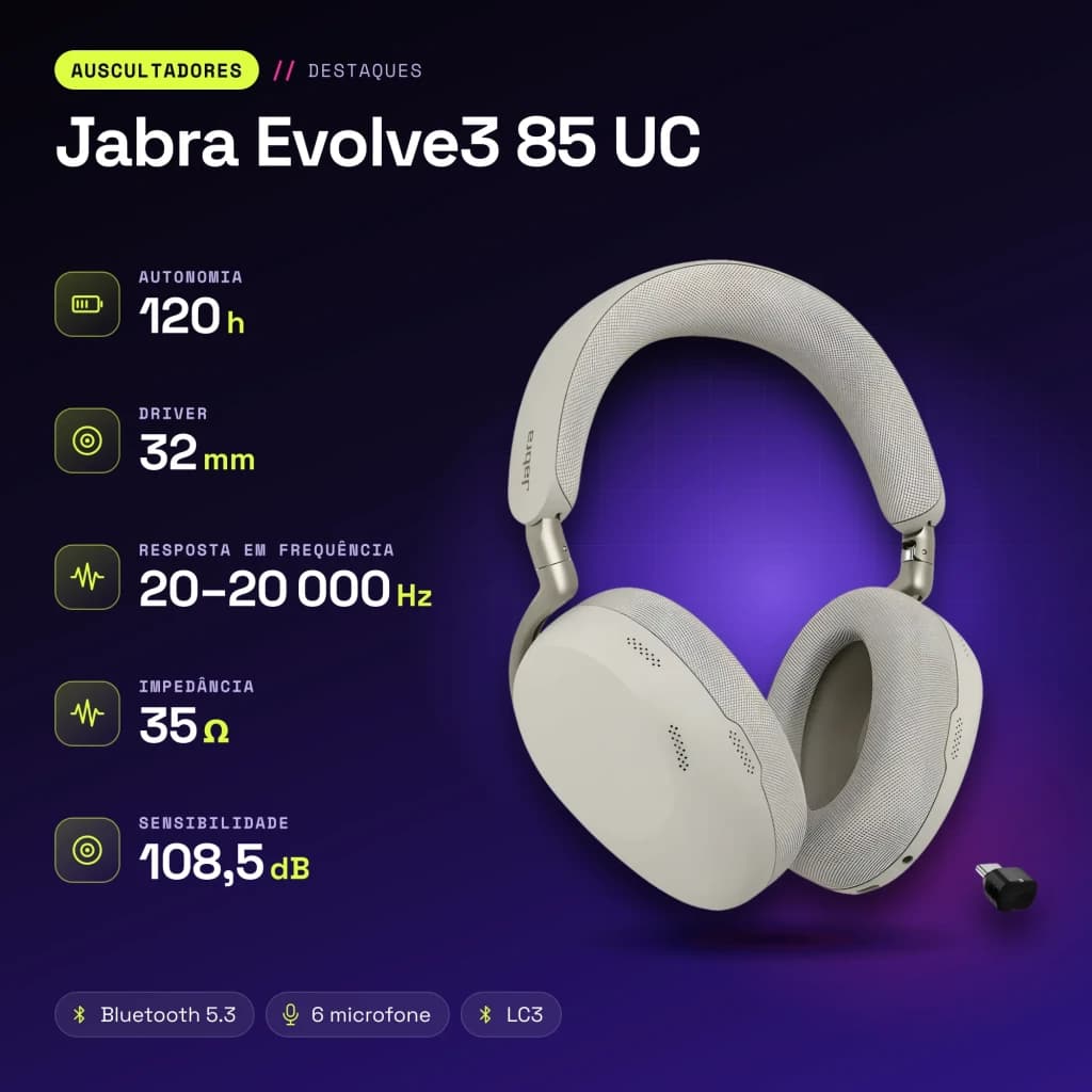 Auriculares Jabra Evolve3 85 UC Diadema Bluetooth 5.3 120h Multipunto - características