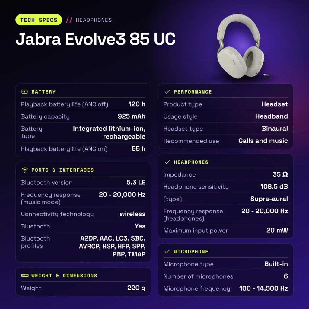 Auriculares Jabra Evolve3 85 UC Diadema Bluetooth 5.3 120h Multipunto - características