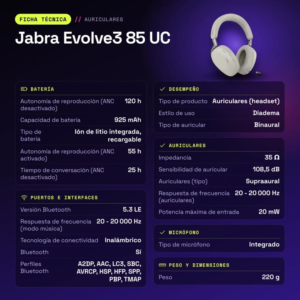 Auriculares Jabra Evolve3 85 UC Diadema Bluetooth 5.3 120h Multipunto - características
