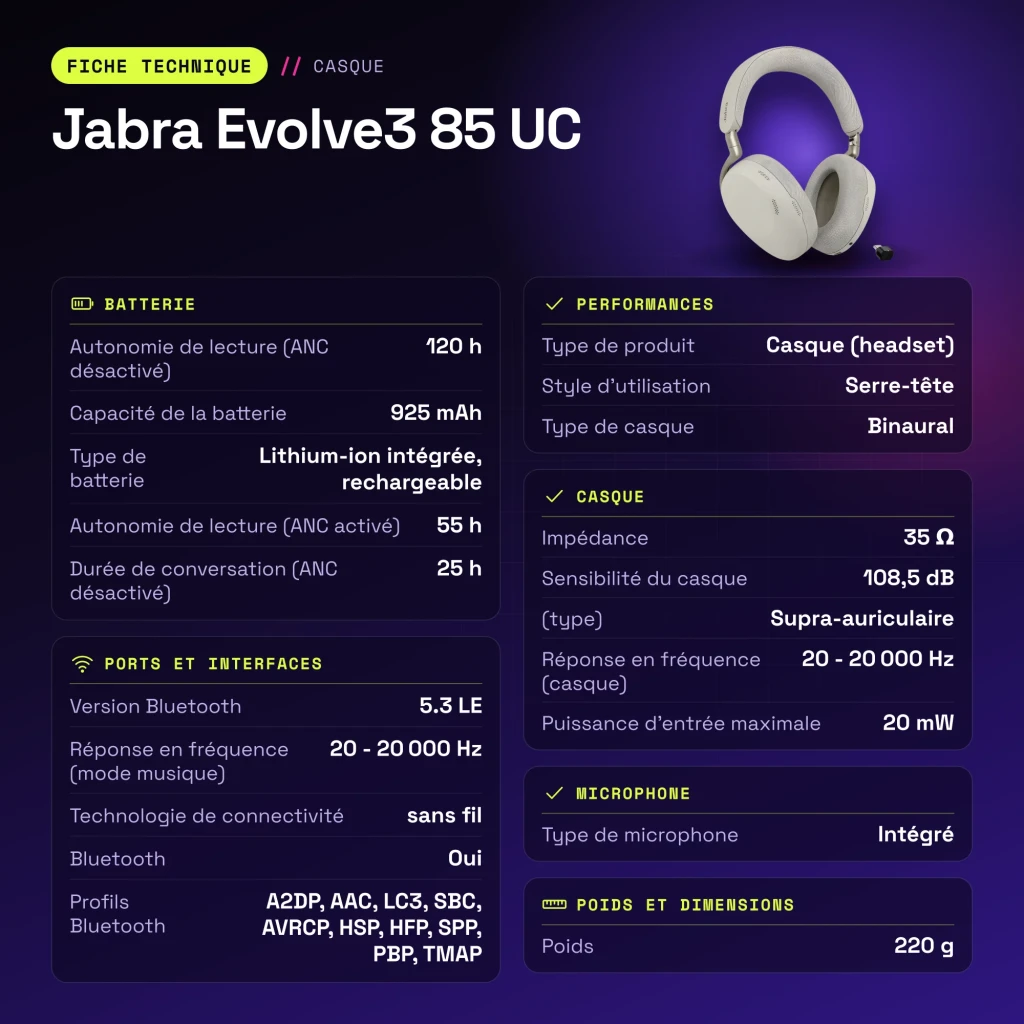 Auriculares Jabra Evolve3 85 UC Diadema Bluetooth 5.3 120h Multipunto - características
