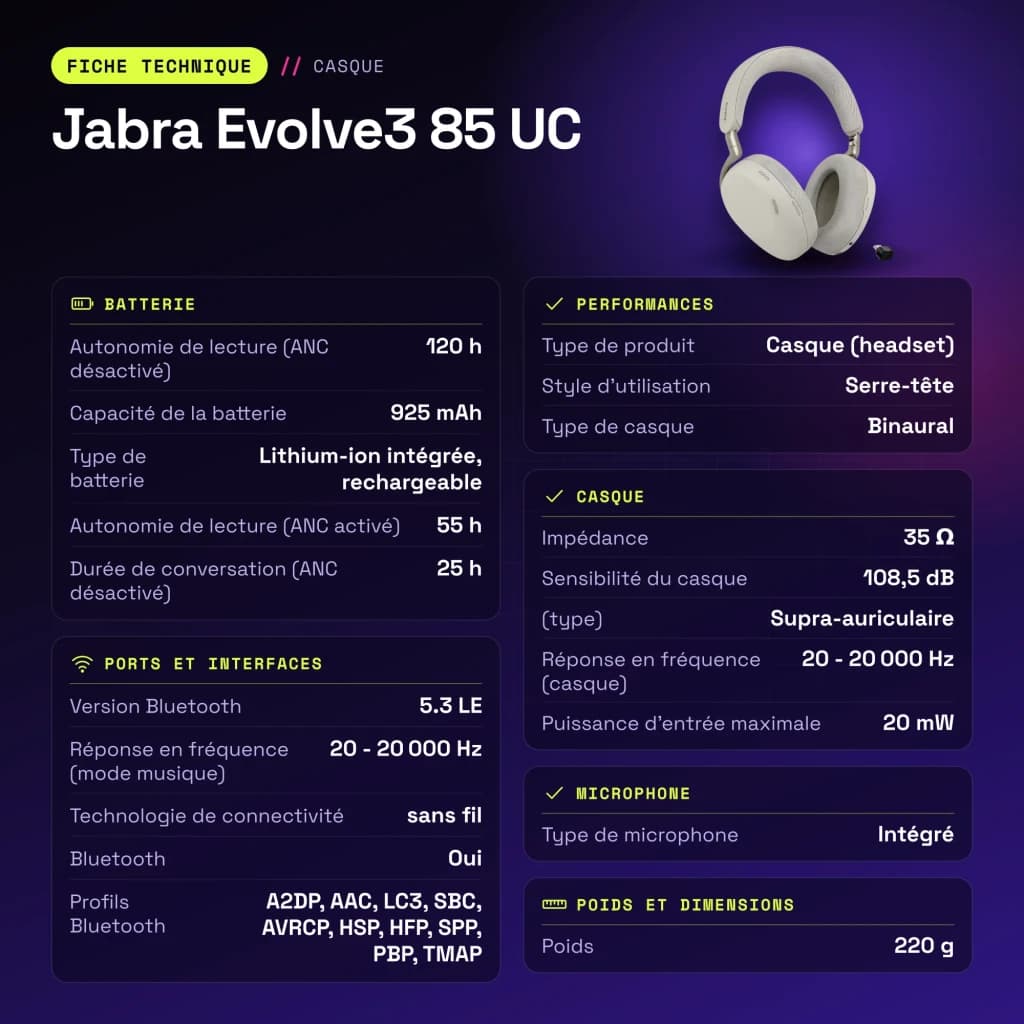Auriculares Jabra Evolve3 85 UC Diadema Bluetooth 5.3 120h Multipunto - características